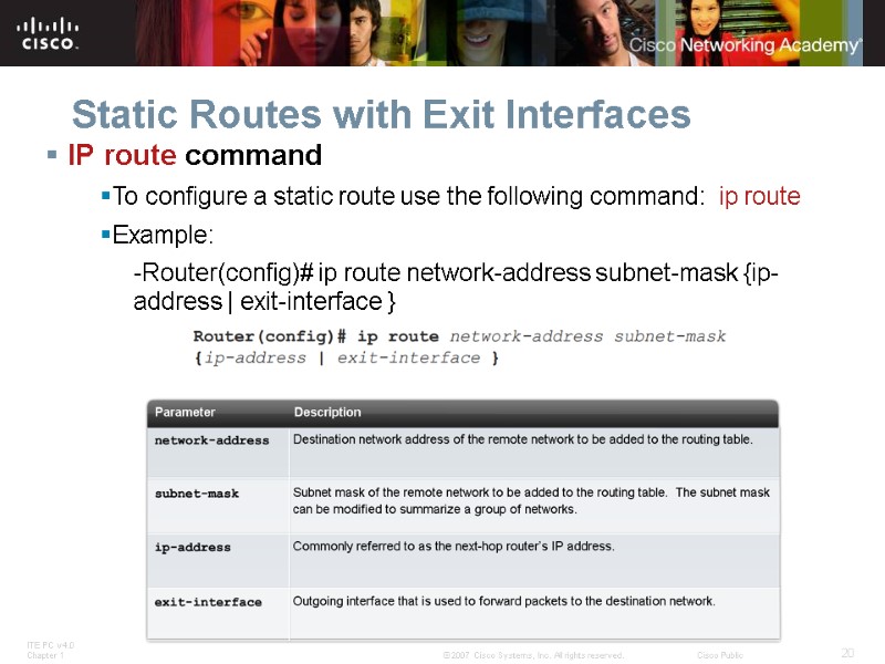 Static Routes with Exit Interfaces IP route command To configure a static route use